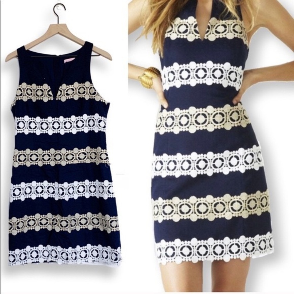 Lilly Pulitzer Navy & Gold Embroidered Lace Shift Dress Size 0 Excellent Cond. - Picture 3 of 16